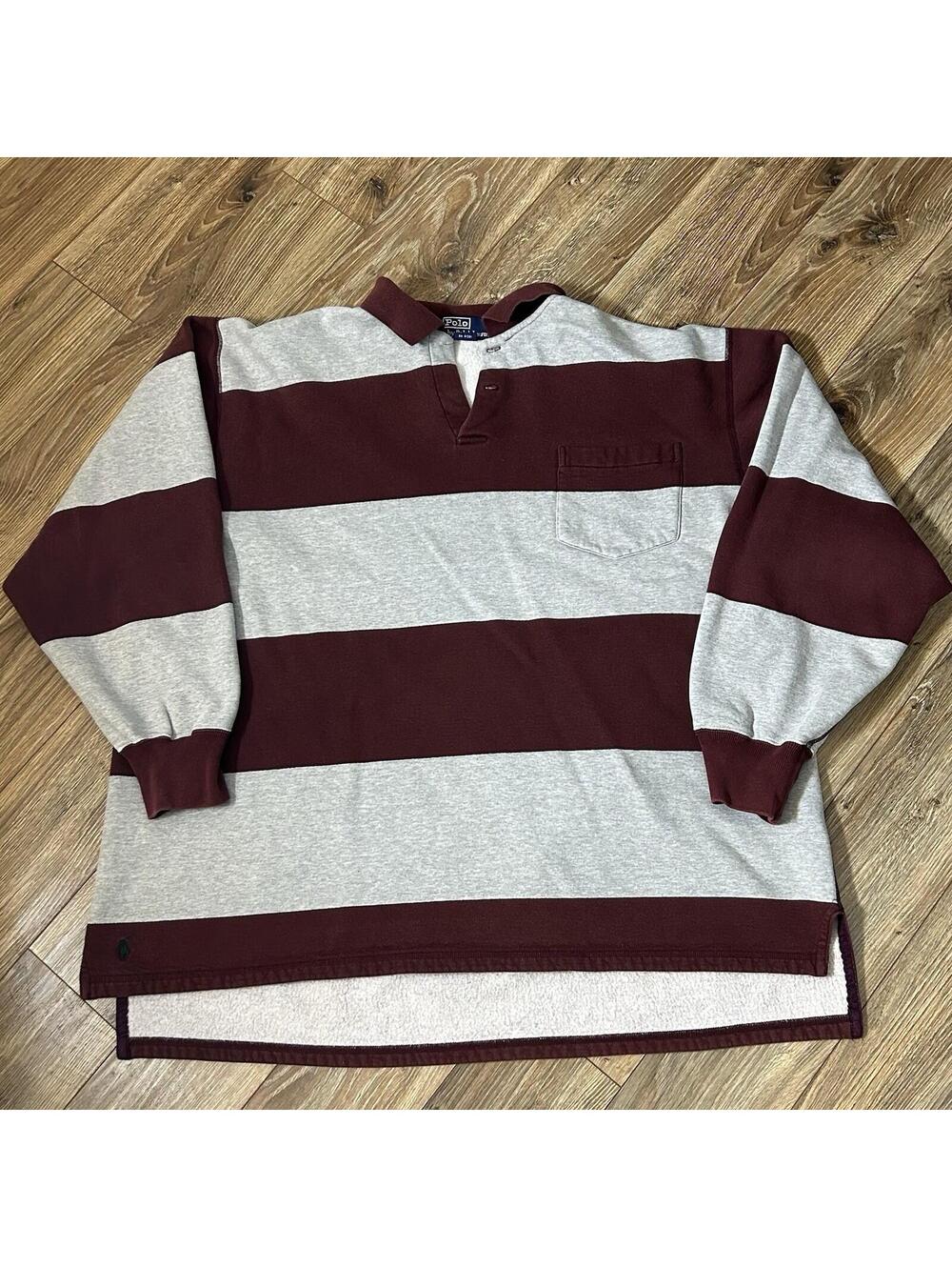 Vtg 1990 Polo Ralph Lauren Gray Red Color Block Rugby Collar Fleece Sweatshirt L